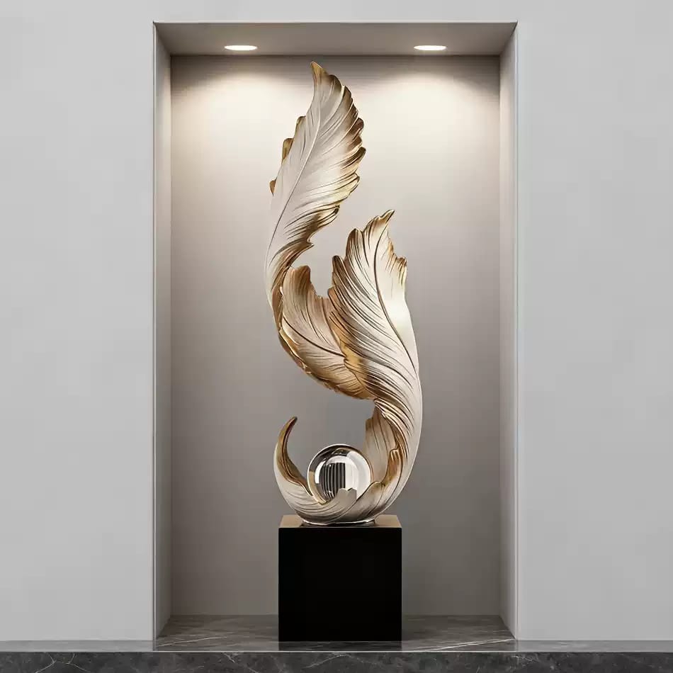 70cm White Gold Feather Sculpture with Crystal Ball