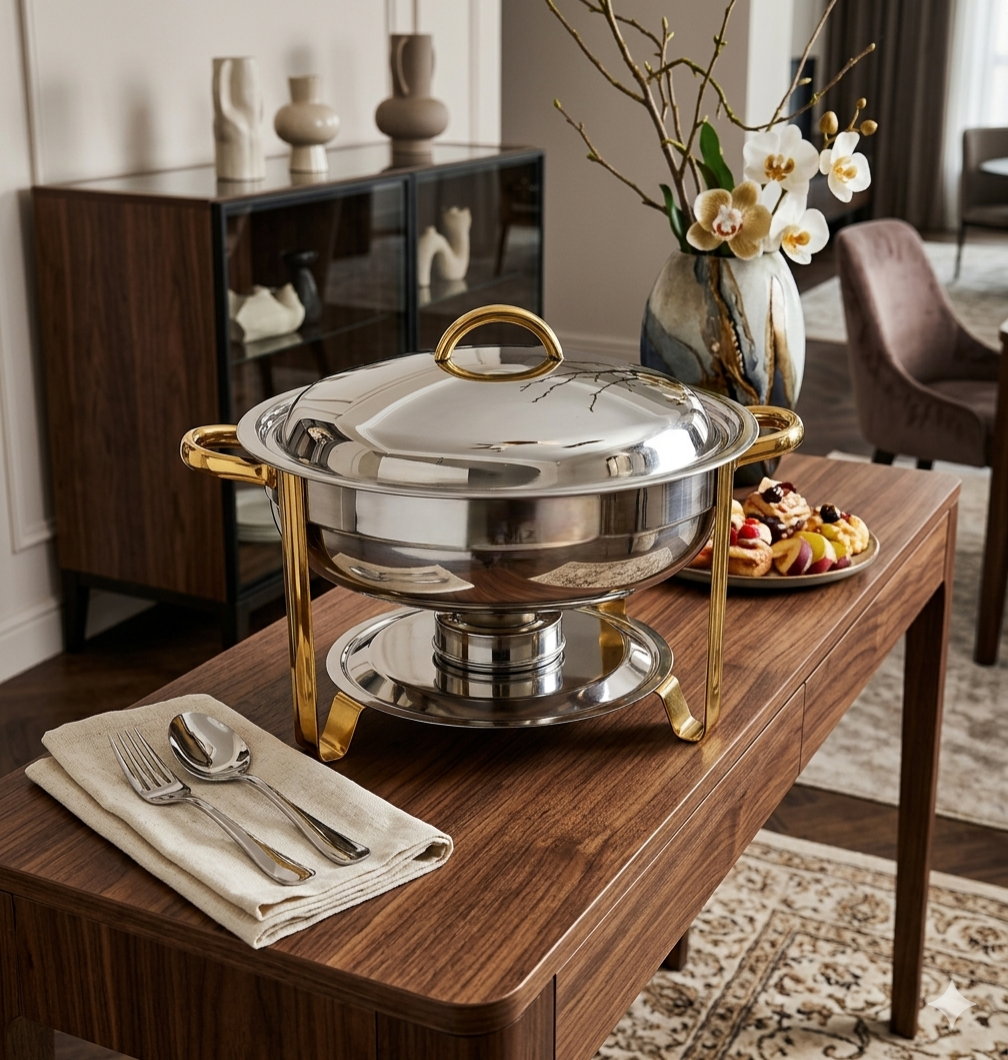 Oval chafing dish with golden stand for elegant food serving and warming at events