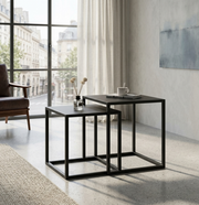 Set of 2 black Nordic metallic side tables, sizes 34×34×37 cm and 38×38×41 cm