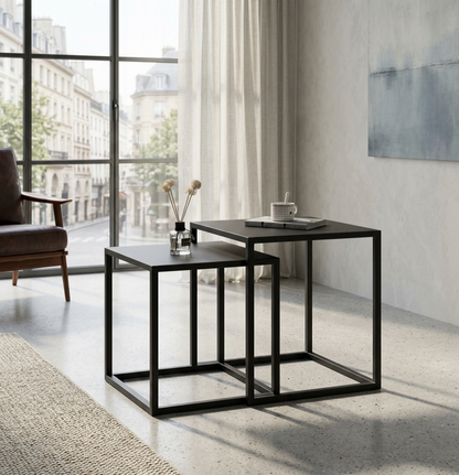 Set of 2 black Nordic metallic side tables, sizes 34×34×37 cm and 38×38×41 cm