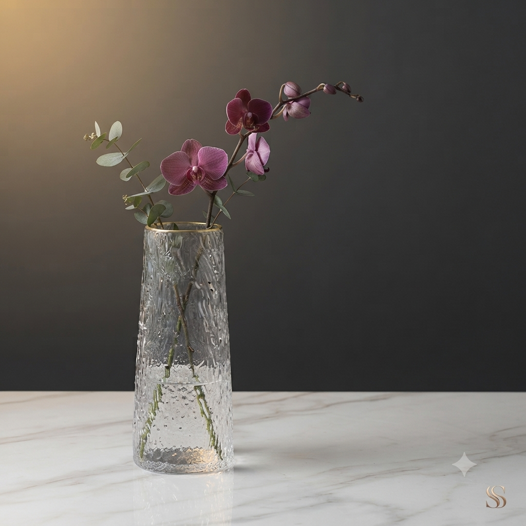 Glass flower vase with gold rim, 19.5 cm high, for fresh and artificial flower arrangements.