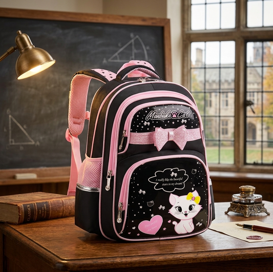 Waterproof Kitty children school backpack in pink and black with large capacity and astronaut design