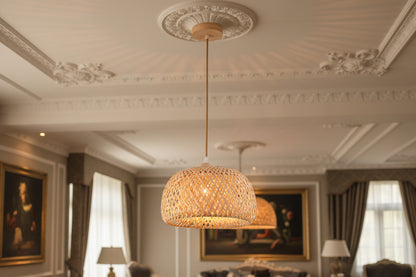 Wood color bamboo pendant light with E27 bulb holder, natural ceiling hanging lamp for modern interior décor