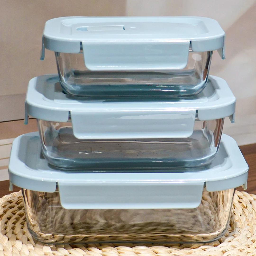 10 piece Glass lunch box set with blue and green lids, including 1040 ml and 410 ml containers.