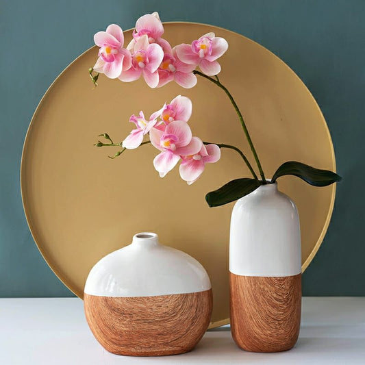 Ceramic flower vases with wood grain texture in two sizes for decorative floral display in home interiors