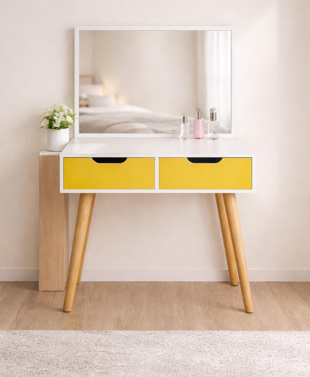 Minimalist space saving dressing table organizer for makeup, perfumes, accessories, and bedroom essentials.