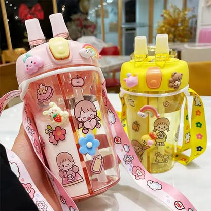 Two cartoon-themed water bottles with colorful designs on a table.