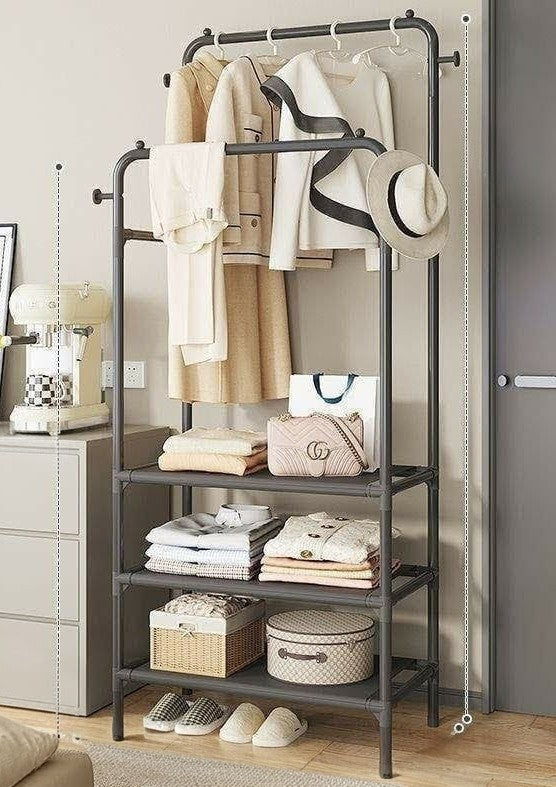 Double clothing garment rack with two hanging rods and three storage shelves for organizing clothes, shoes, and accessories. 👕