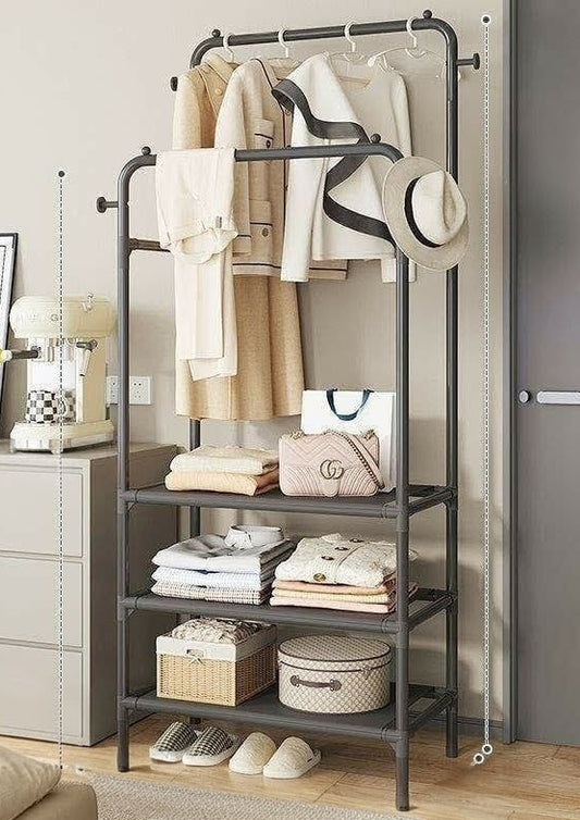 Double clothing garment rack with two hanging rods and three storage shelves for organizing clothes, shoes, and accessories. 👕