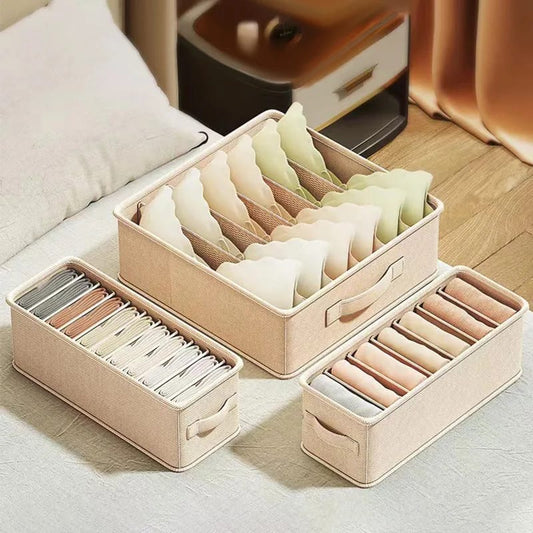 3-piece wardrobe storage box set for bras and pants, available in beige and grey for organized closet storage