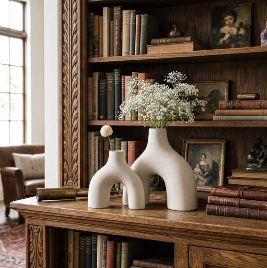 Set of two white decorative ceramic vases for modern home and office décor.