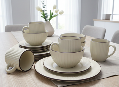 16-Piece Ribbed dinner set with plates, side plates, bowls, and cups.