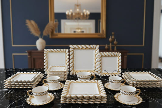 30 piece ceramic dinner set with plates, side plates, bowls, cups, and saucers.