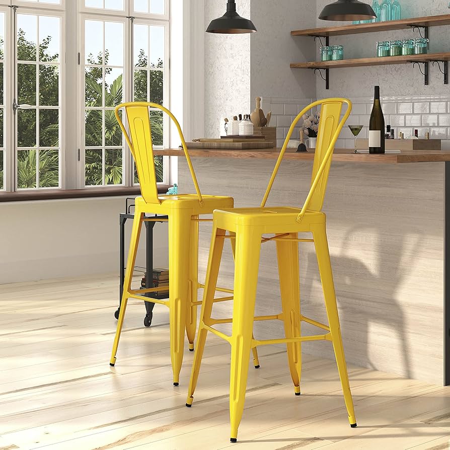 Metallic bistro kitchen island stool with backrest for comfortable dining and seating