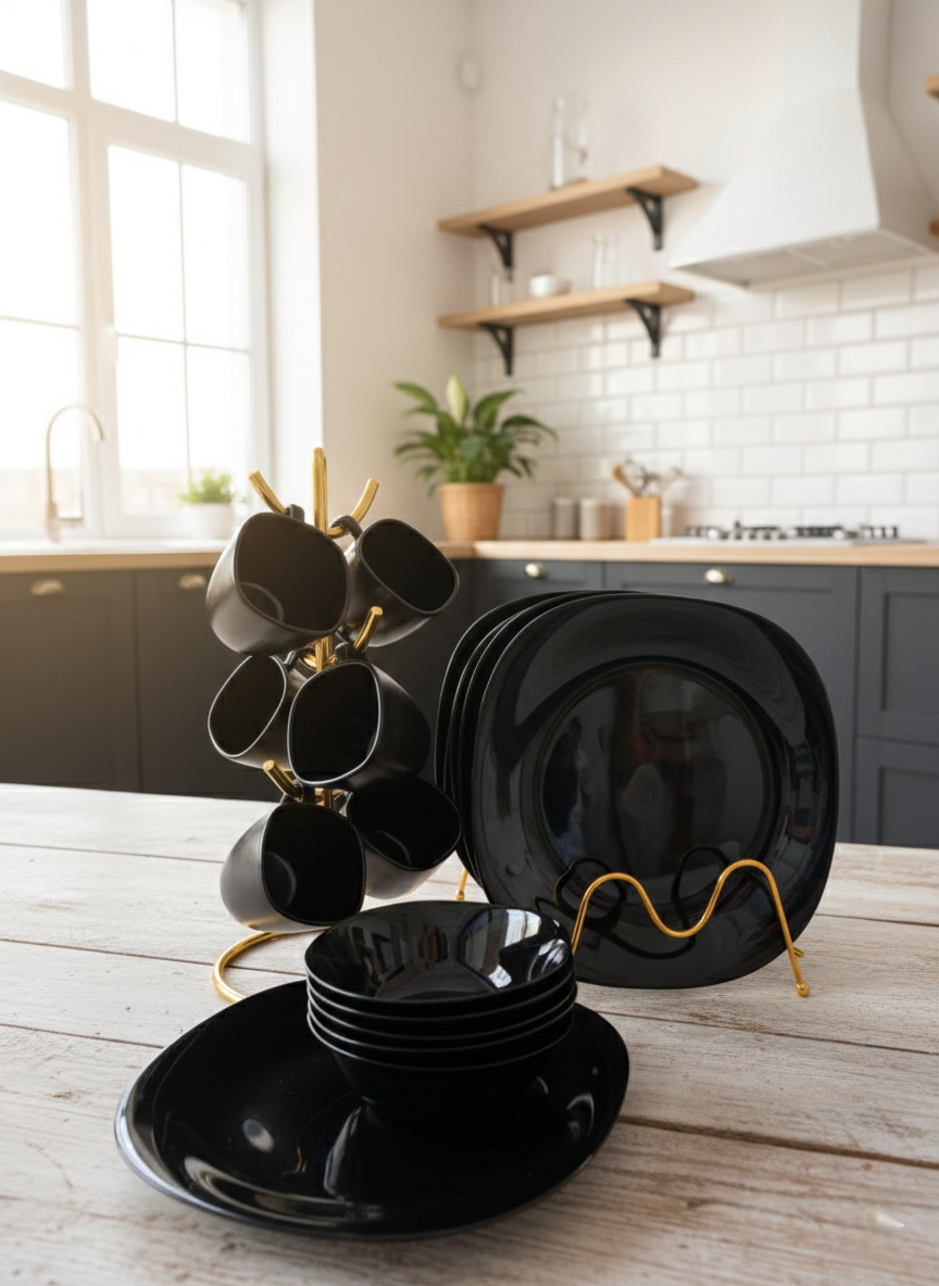 18-piece Black ceramic dinner set with plates, bowls, and cups.