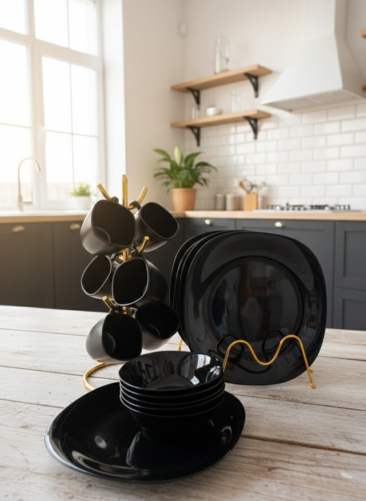 18-piece Black ceramic dinner set with plates, bowls, and cups.