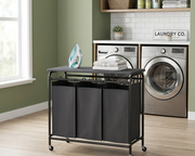 Gemelli Colllection 3 compartment laundry basket with lockable wheels and ironing board multifunctional laundry organiser 80x79x42cm clothes sorter storage cart mobile laundry hamper home organisation unit built in ironing surface storage basket with wheels