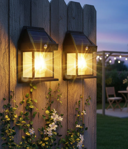 Solar powered waterproof wall light with warm white LED and 800mAh battery.