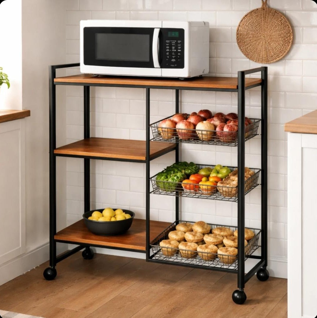 4 layer kitchen multifunctional storage rack with wheels, measuring 80 × 32 × 95 cm for organized household and kitchen storage.