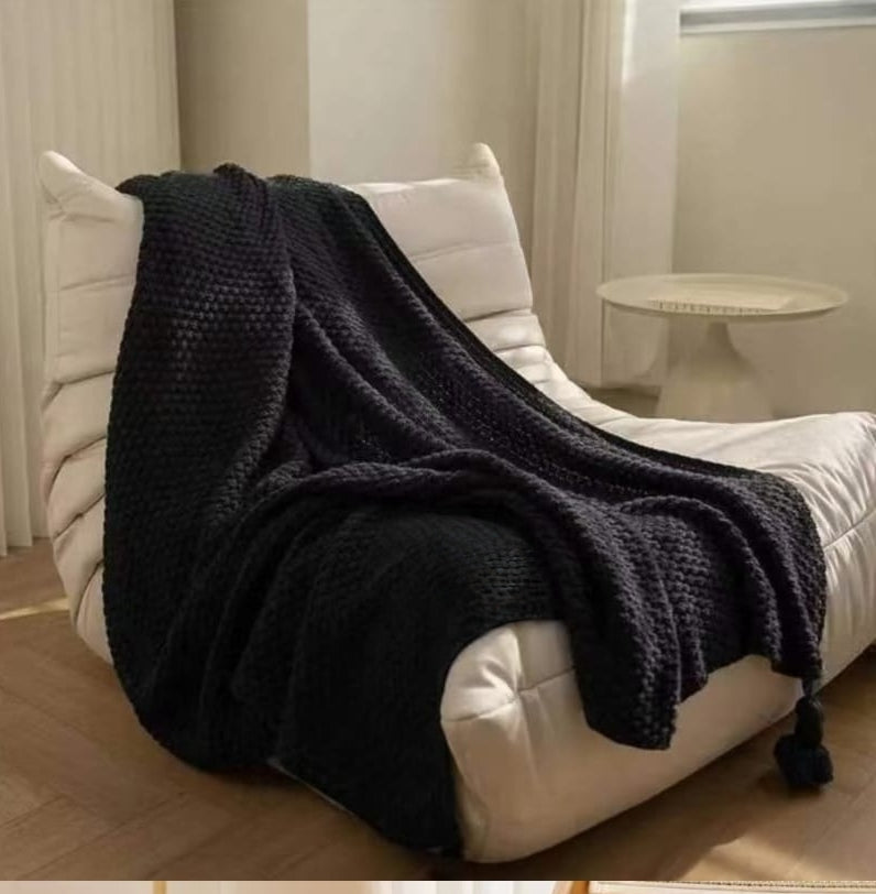 Knitted tassel throw blanket for sofa or bed in neutral colors