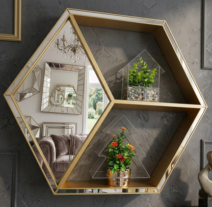 Gold Hexagon Wall Mirror With Display Shelves