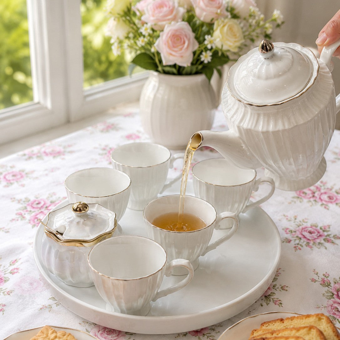 11pc ivory porcelain tea set with gold accents including teapot, cups, sugar dish, and serving tray. ☕✨