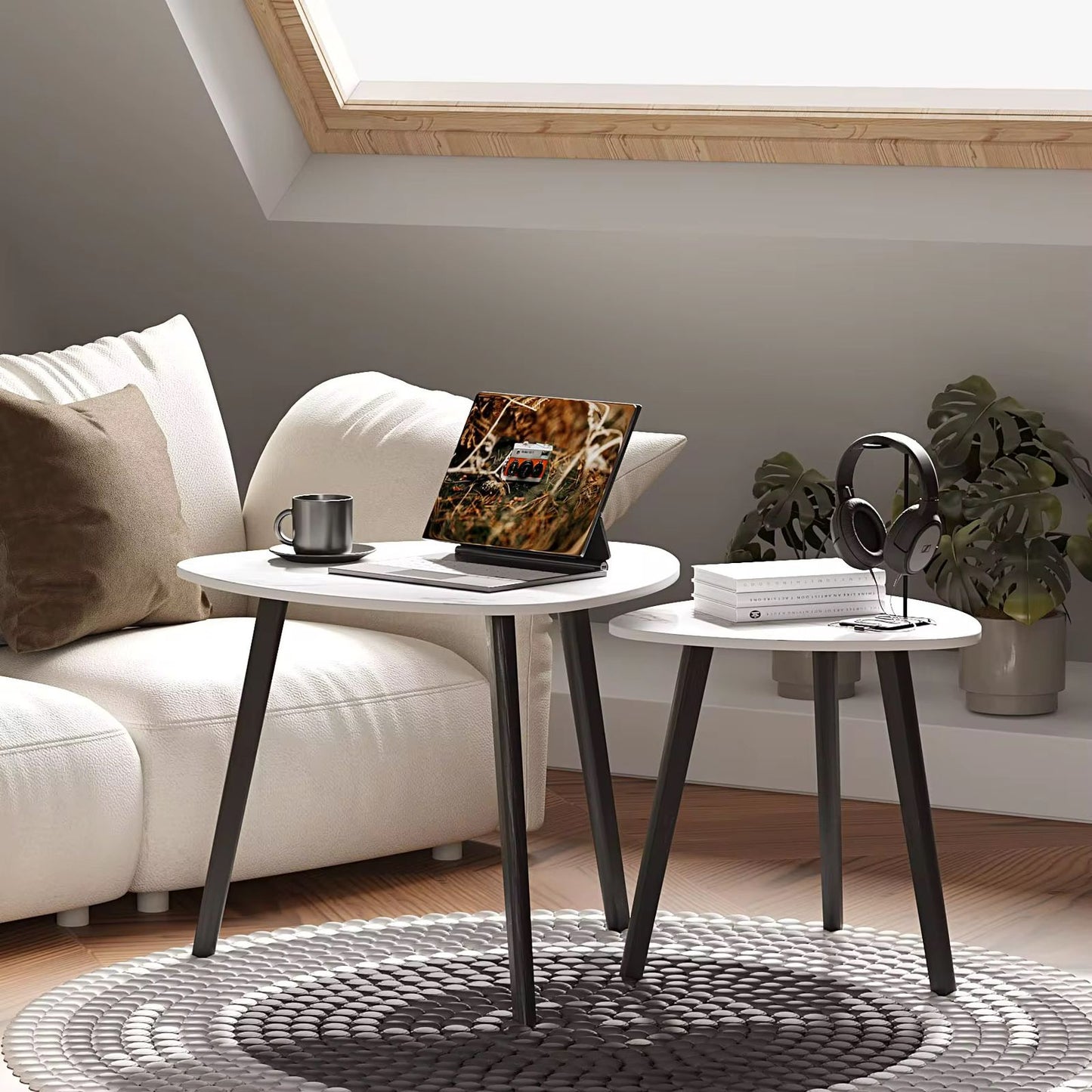 2-piece solid wood coffee table set in light brown and white, sizes 50×40×40cm and