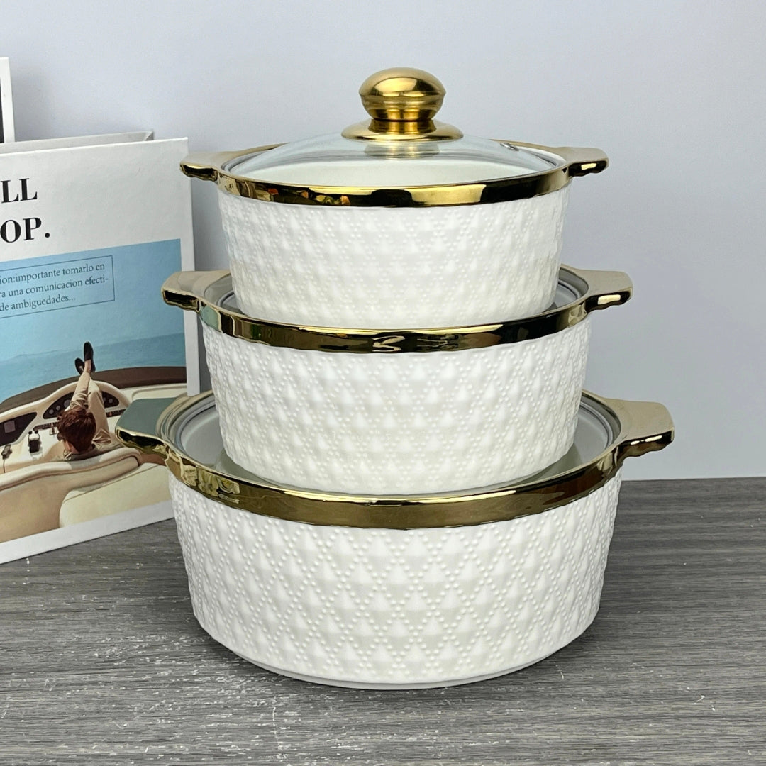 White 3-pieces ceramic casserole serving dish set for baking and dining
