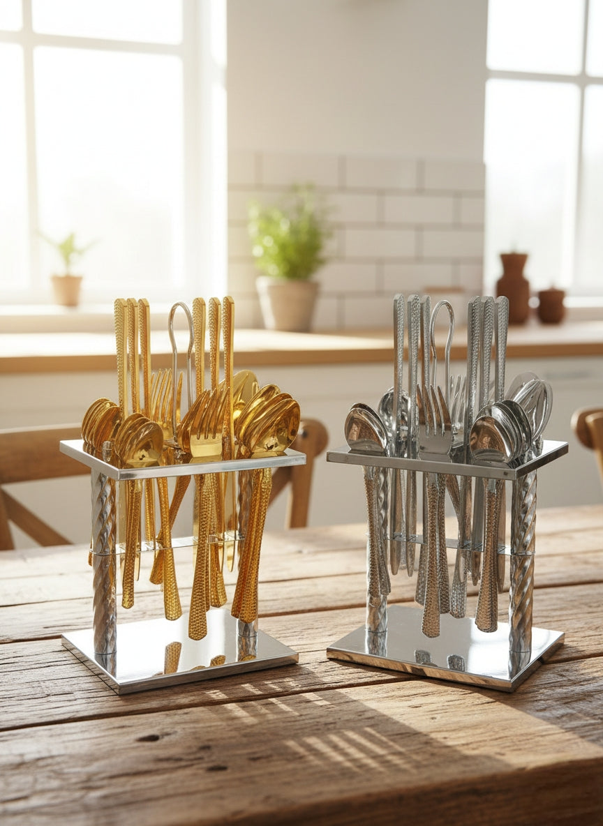 25-piece Glister Astrid cutlery set with stand in silver and gold.