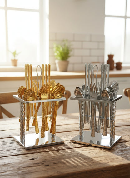 25-piece Glister Astrid cutlery set with stand in silver and gold.