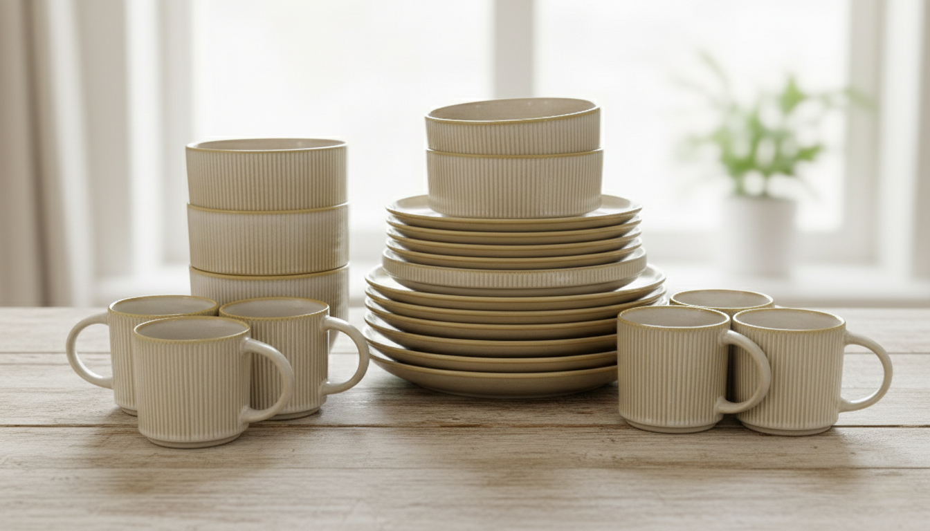 24-piece Mate dinner set with plates, side plates, bowls, and mugs.