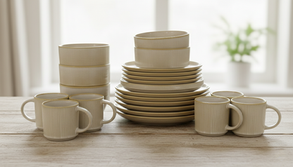 24-piece Mate dinner set with plates, side plates, bowls, and mugs.
