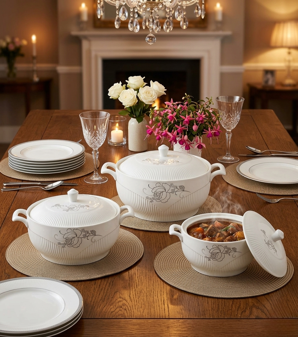 3 Piece luxurious porcelain flower serving dish set with casserole bowls for elegant food presentation