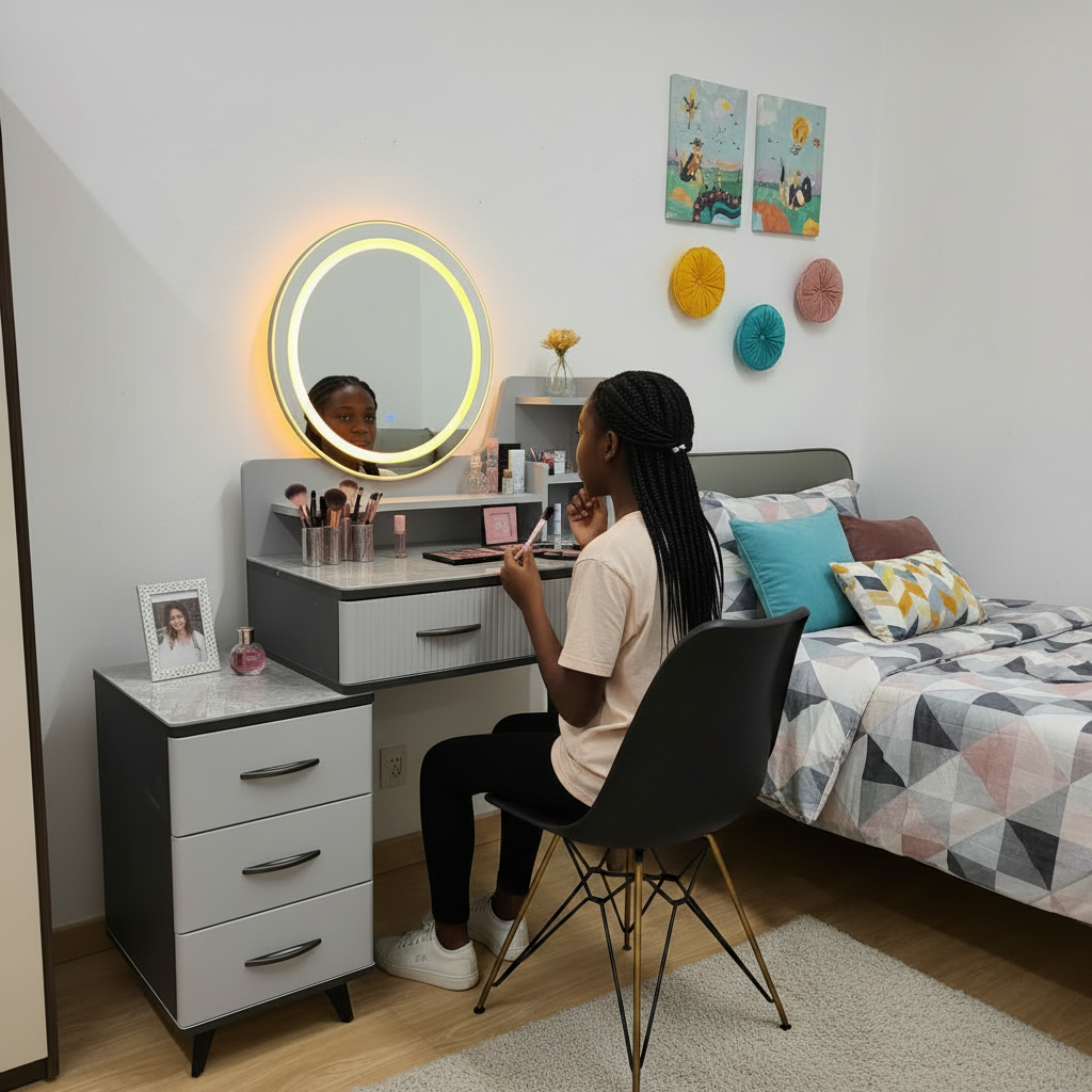 Gray vanity dressing table with oval LED mirror, ribbed drawers, open shelves, and detachable three-drawer storage cabinet.