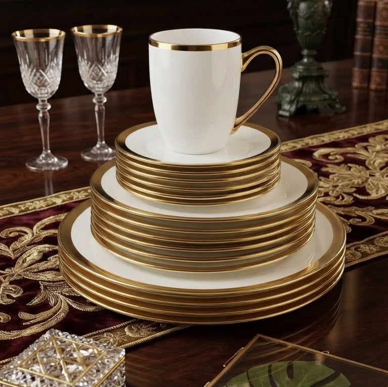 24 Piece Gold Ring Ceramic Dinner Set