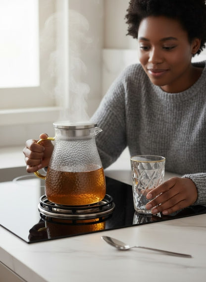 Borosilicate frosted glass jug with 6 matching 340ml glasses.