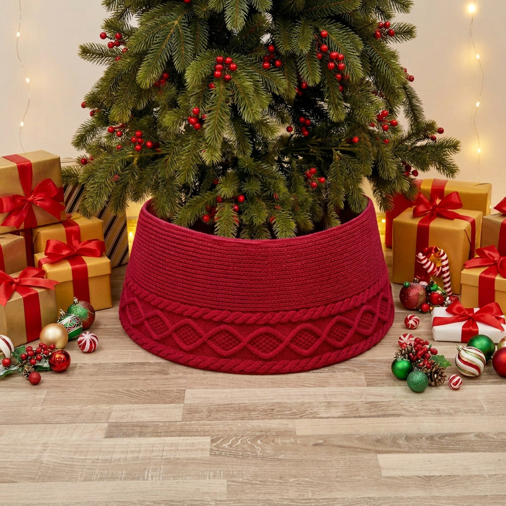 72cm Knitted Polyester Christmas Tree Skirt with Cable-Knit Pattern