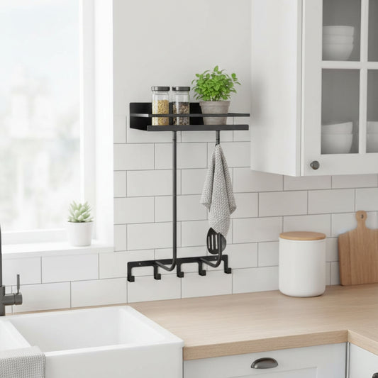 Black wall-mounted bathroom towel holder with metal shelf and five hooks