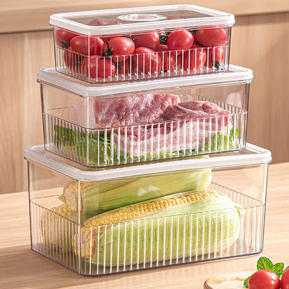 3 Piece acrylic transparent fridge organizer set for stackable airtight food storage and refrigerator organization