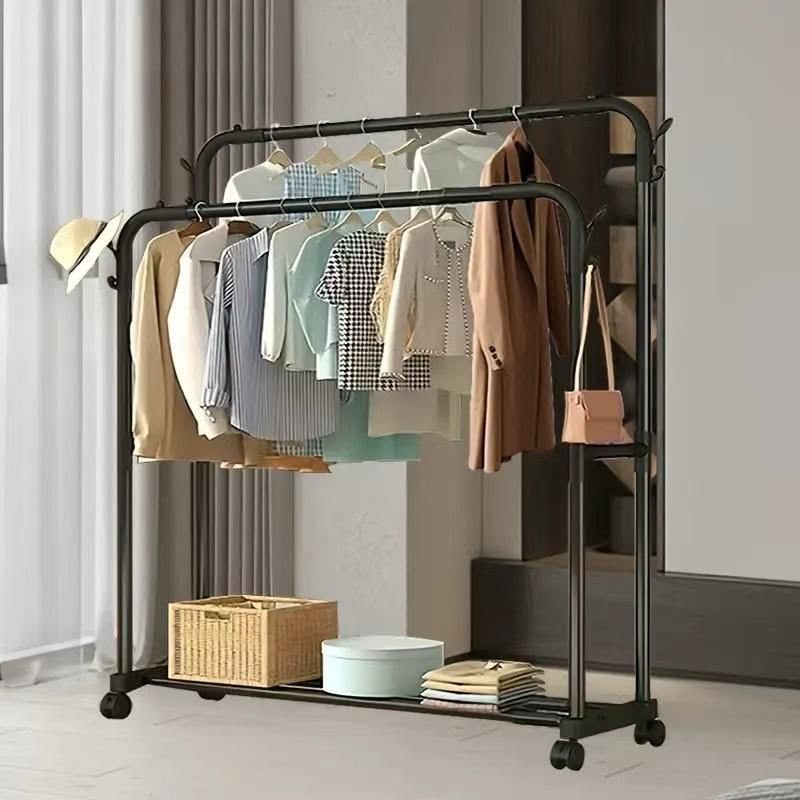 Double Pole Wheeled Clothes Rack with Bottom Shoe Rack