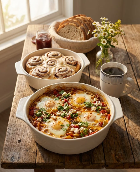 Gemelli Colllection 2pc round ceramic baking tray oven safe bakeware set casserole lasagna brownie roasting dishes modern ceramic baking pans kitchen serving trays