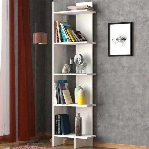 White 5-tier corner bookshelf with L-shape design, space-saving décor stand for living room or office. 📚✨