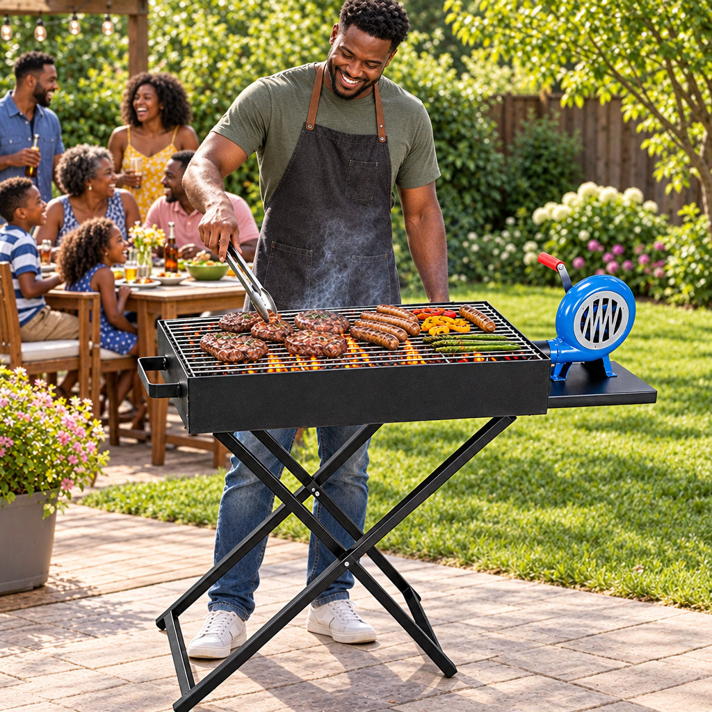 Portable folding charcoal BBQ grill with manual air blower, metal body and X stand