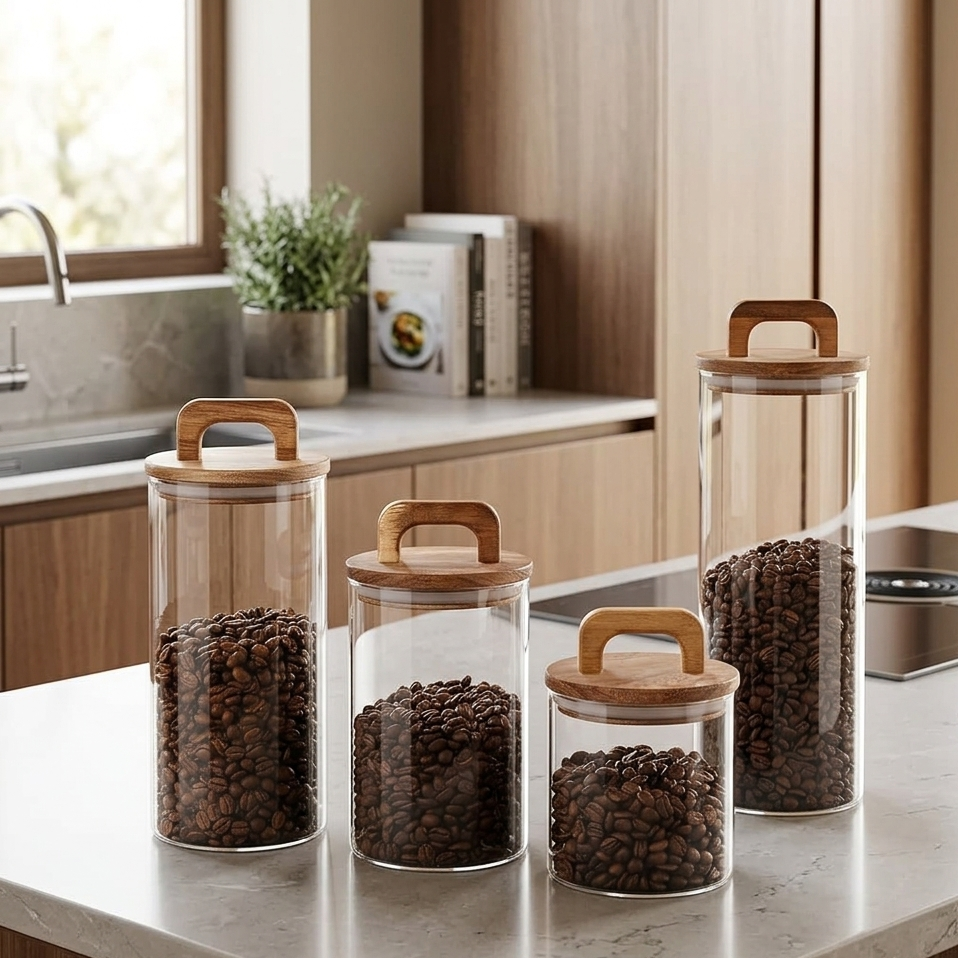 4 Piece airtight glass jars with wooden lids for stylish kitchen pantry and countertop food storage
