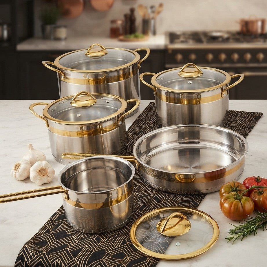11Pc Stainless Steel Cookware Set with Gold Trim Glass Lids