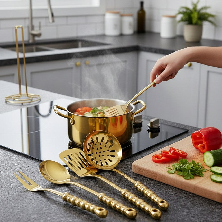 6-in-1 Gold Serving Spoon Set With Stand