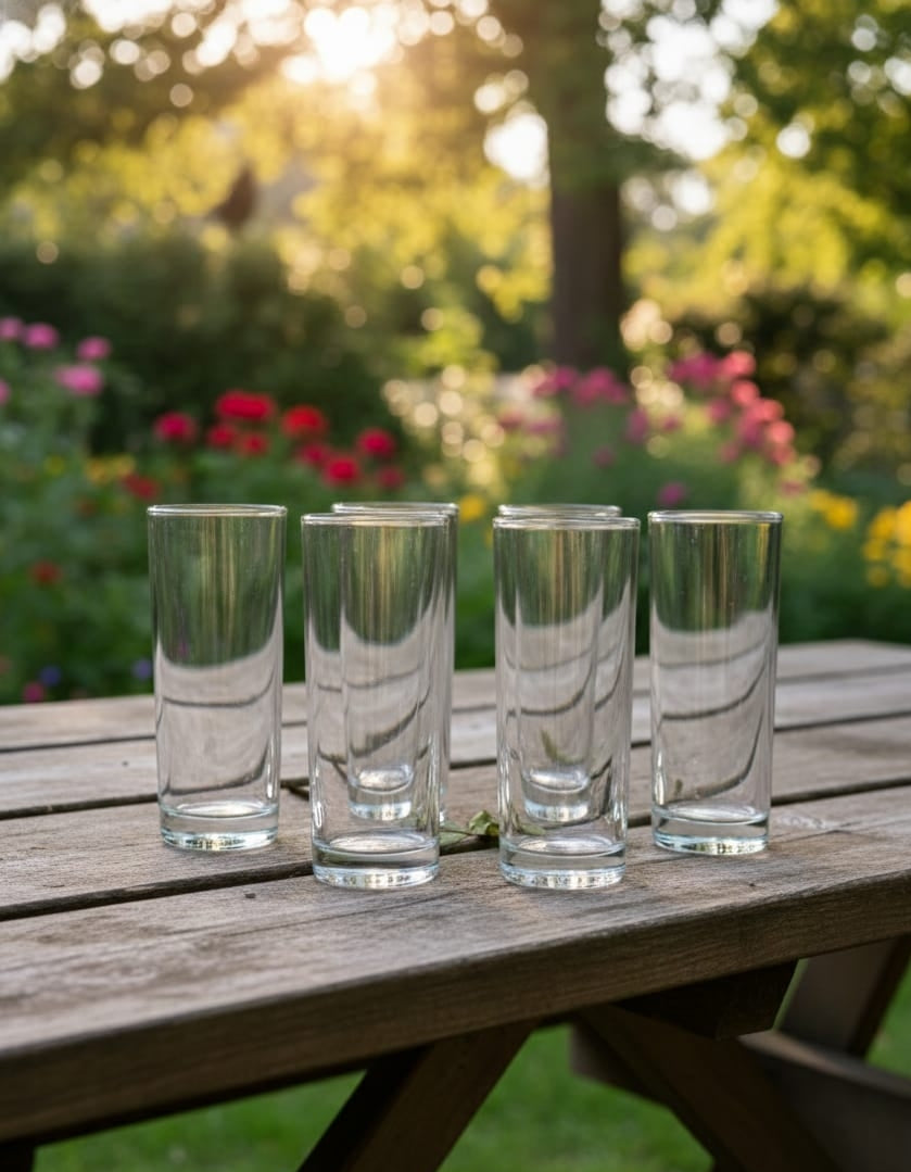 Slim long clear glass cup with a two hundred and fifteen milliliter capacity.