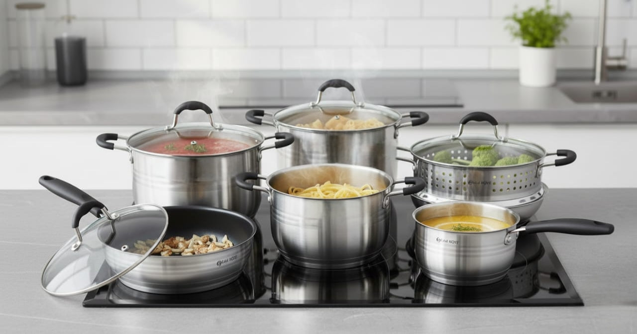 12-piece Edel Hoff stainless steel cookware set with glass lids and black handles, including sufurias, saucepan, and frying pan