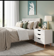White wooden 3 drawer bedside chest for bedroom, living room, entryway, and office storage