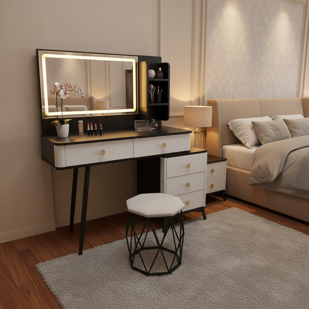 LED Vanity Dressing Table With Mirror, Storage Drawers And Stool